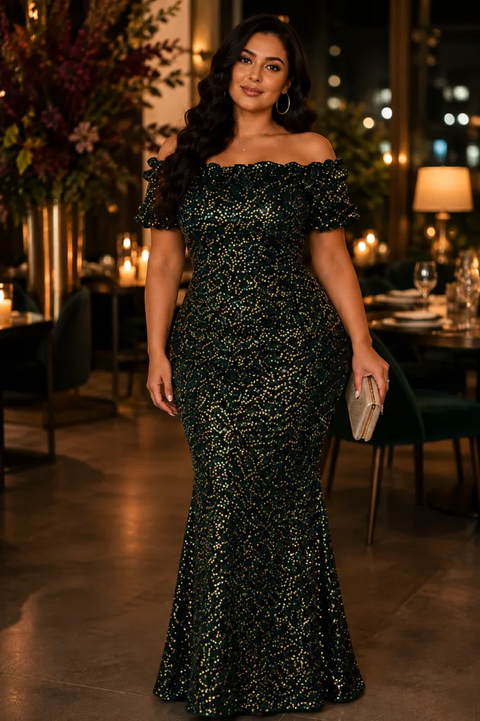 3. The Off-Shoulder Sequin Drama Dress
