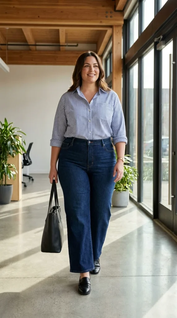 3. Wide-Leg Jeans + Button-Down Shirt + Loafers