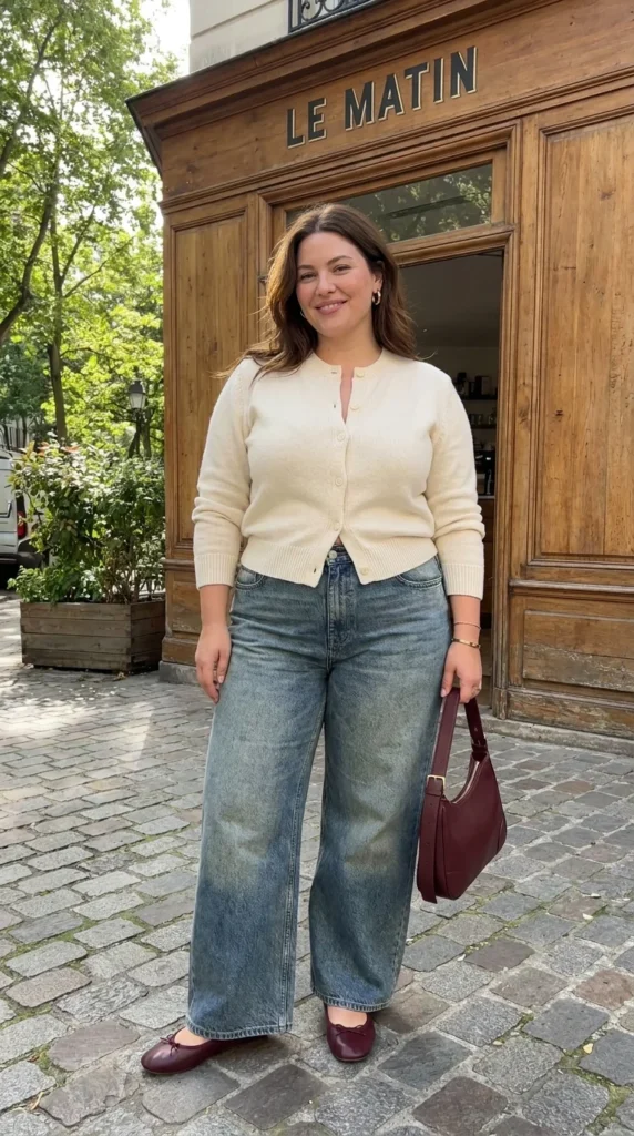 6. Wide-Leg Jeans + Cropped Cardigan + Flats