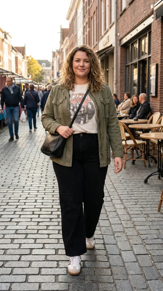 7. Wide-Leg Jeans + Graphic Tee + Casual Jacket