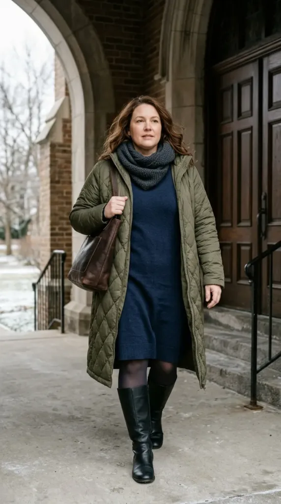 A Quilted Long Coat with a Knit Dress and Flat Boots